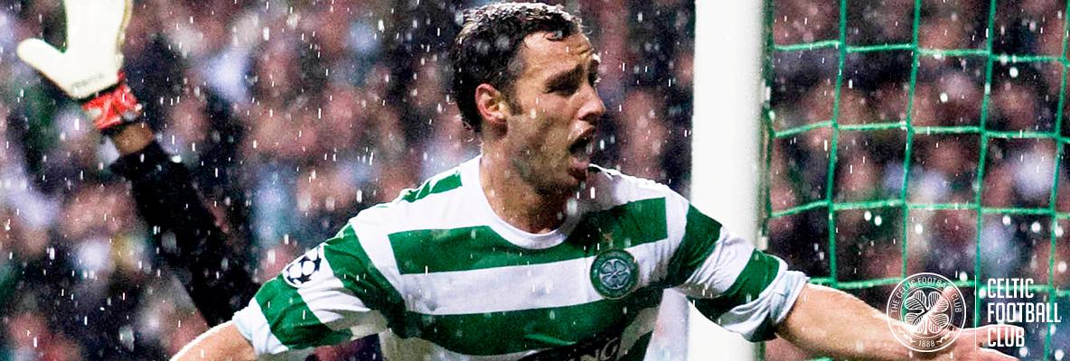 Celtic's Shunsuke Nakamura celebrates scoring the winning goal