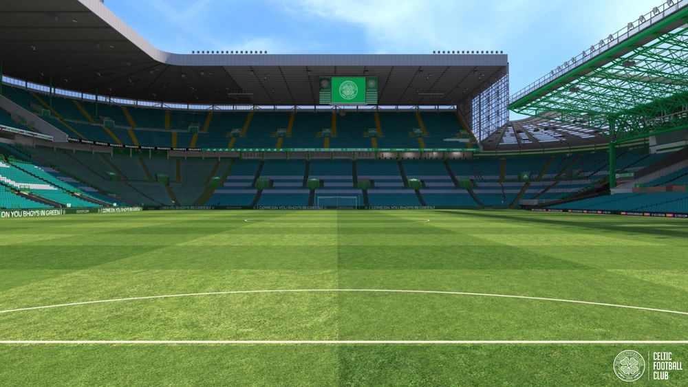 A view from the pitch in Celtic FC 's Virtual Venue digital Celtic Park experience 